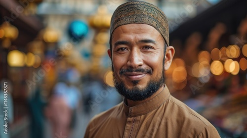 Smiling man in traditional Middle Eastern clothing in a marketplace setting. photo