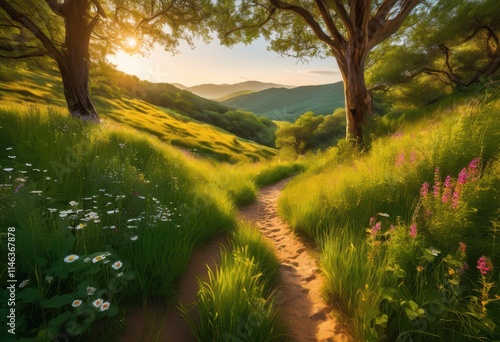 lush green landscape gentle wander trails soft footprints embedded vibrant grass flourishing nature, greenery, soil, plants, scenery, pathway, outdoor