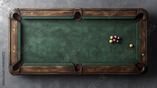 A pool table with some balls on the green felt. Dark wooden sides.

