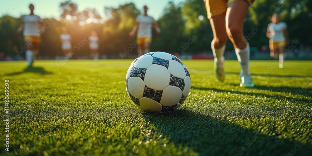 Stop the action, the soccer ball is lying on the grass in the field and is kicked hard by the soccer player's foot. Stop the action, the soccer ball is lying on the grass in the field and is kicked hard by the soccer player's foot.