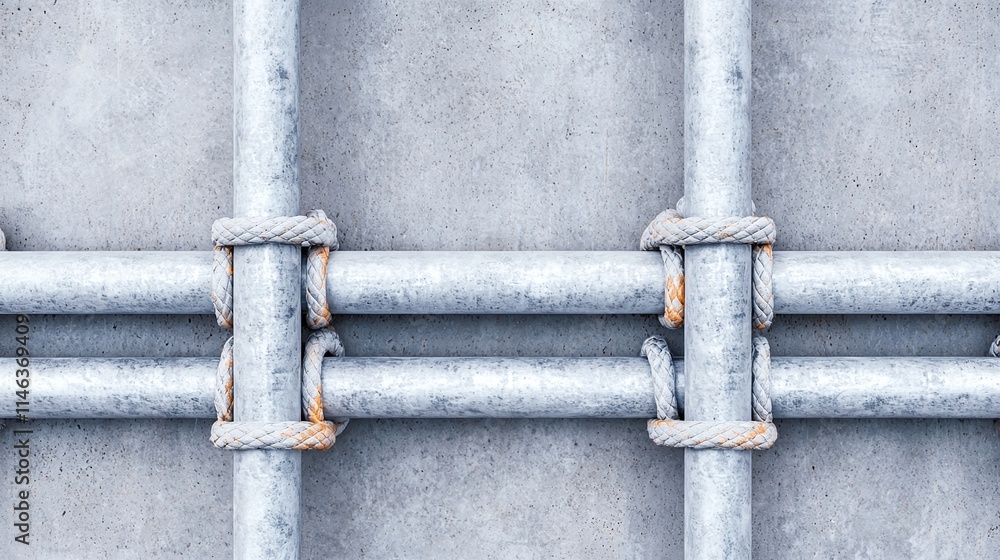 Metal Pipes Secured with Rope Knots on Concrete Wall Metal Pipes Secured with Rope Knots on Concrete Wall