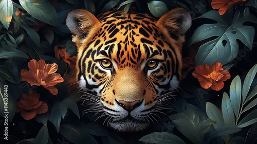 Fototapeta na wymiar Jaguar Portrait Hidden Among Lush Tropical Foliage