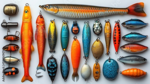 A collection of colorful fishing lures arranged for display or sale. photo