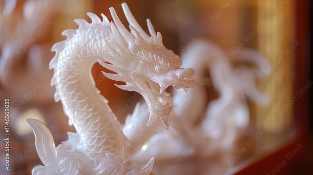 Close-up of an intricately carved white dragon statue. Close-up of an intricately carved white dragon statue.