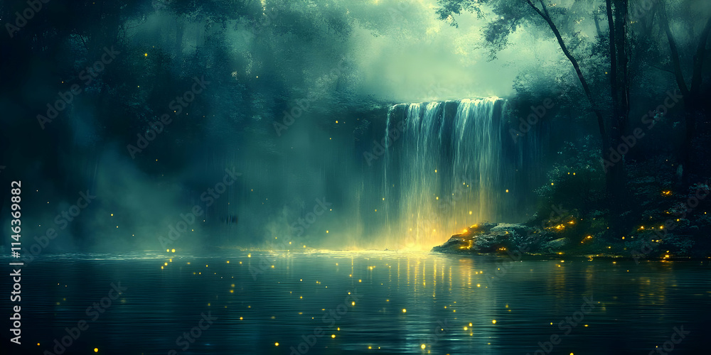 Enchanted Waterfall: Night Forest Scene with Fireflies Enchanted Waterfall: Night Forest Scene with Fireflies