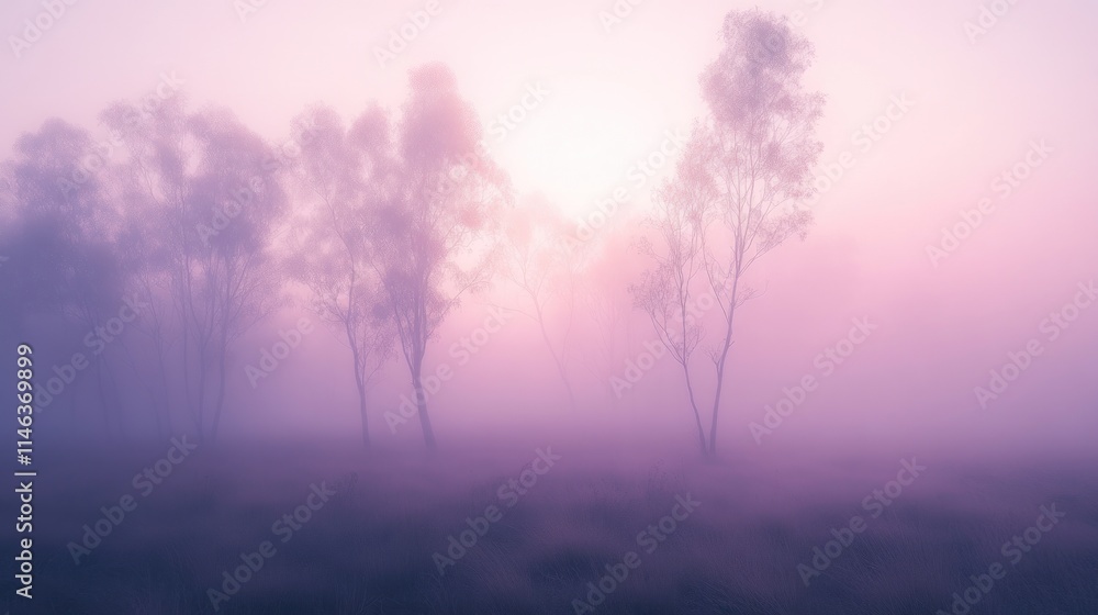 Obraz premium A serene misty landscape with trees silhouetted against a soft, pastel sunrise.