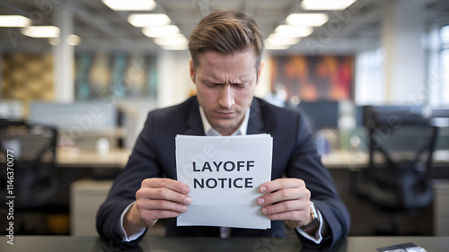 Distressed man sitting at desk holding letter symbolizing layoff notice, reflecting emotional response to job loss in professional office setting.