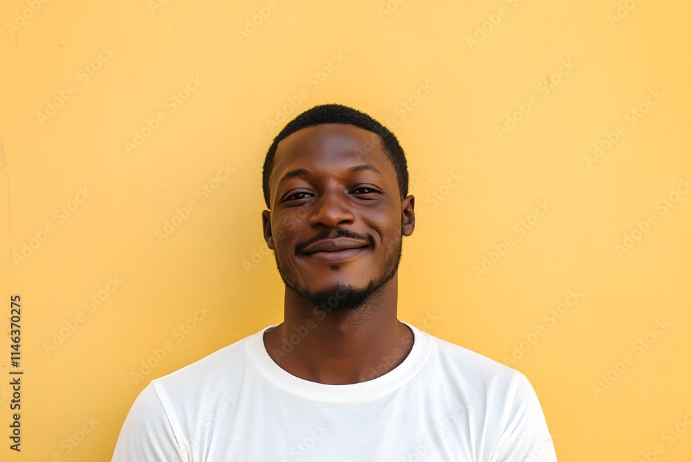 portrait of a smiling man wearing a white shirt in front of a yellow background with minimalist photography vibes portrait of a smiling man wearing a white shirt in front of a yellow background with minimalist photography vibes