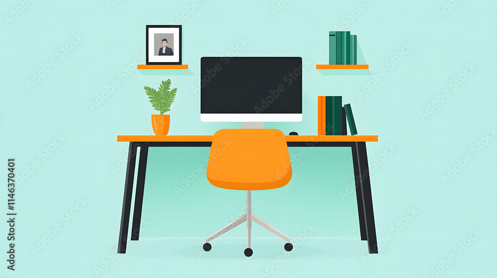 An illustration of an office space with a retro color scheme, blending vintage and modern elements to create a unique and creative work environment, perfect for interior design, office decor, and work An illustration of an office space with a retro color scheme, blending vintage and modern elements to create a unique and creative work environment, perfect for interior design, office decor, and work