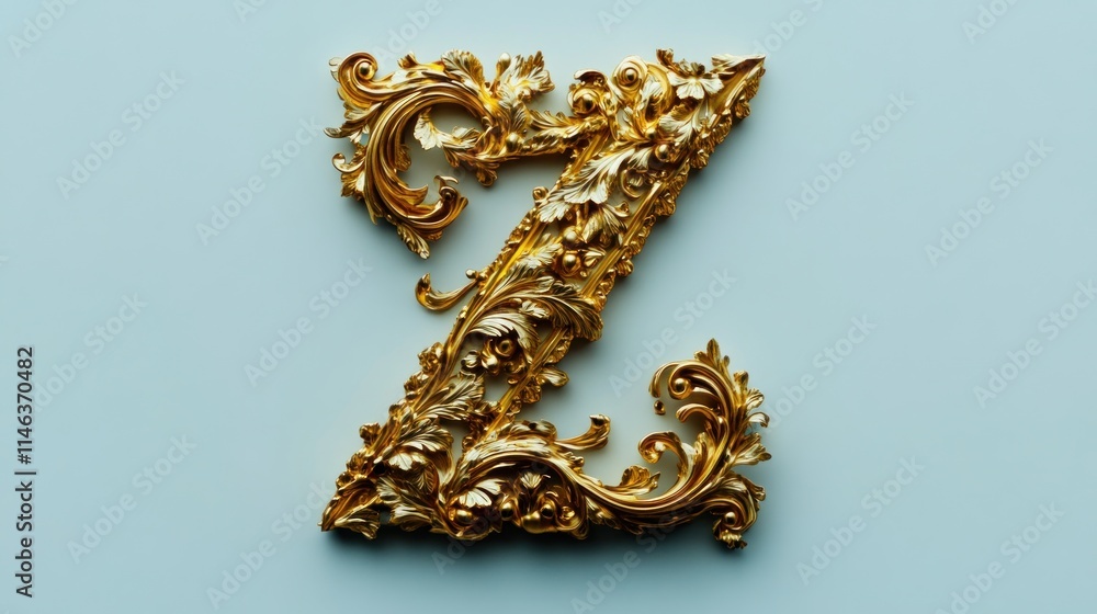 Ornate gold letter Z with baroque floral design against a light background. Ornate gold letter Z with baroque floral design against a light background.