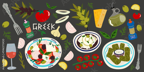 Greek Traditional Food Set. Greek Cuisine. Cute retro stickers of traditional cuisine, greek salad, moussaka, dolma, spanakopita, feta cheese, seafood. Greek traditional elements