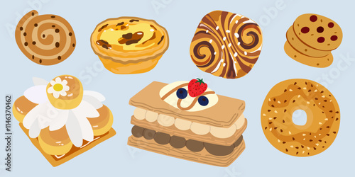 French pastries for bakery menu design. Bakery cute food set. Retro vector stickers for bakery and coffee shops. Sweet baked desserts from wheat flour