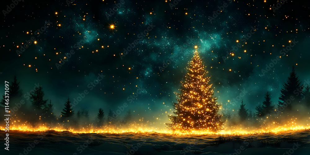 Naklejka premium Magical Christmas Tree Glows Brightly in Winter Wonderland Night