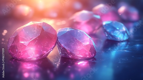 Faceted gemstones resting on a sleek mirrored surface with soft shadows