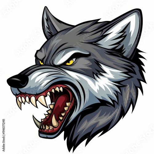 A snarling wolf head with bared teeth, depicted in a cartoon style.