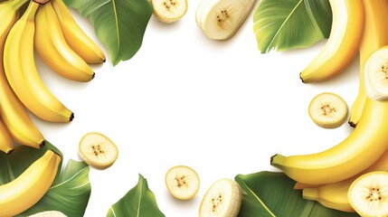 A vibrant arrangement of bananas and banana slices, surrounded by green leaves, creates a fresh and tropical border on a white background. The bright colors and natural elements highlight their appeal