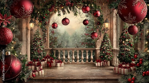 Festive Christmas balcony scene with red ornaments, trees, and gifts.