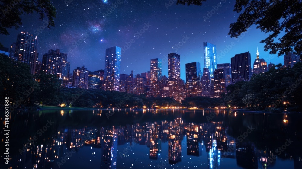 Fototapeta premium nyc skyline night reflection central park
