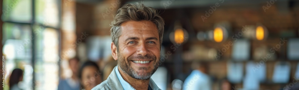 Smiling man with beard and blue shirt standing in front of a group of people, portrait, banner, copy space Smiling man with beard and blue shirt standing in front of a group of people, portrait, banner, copy space