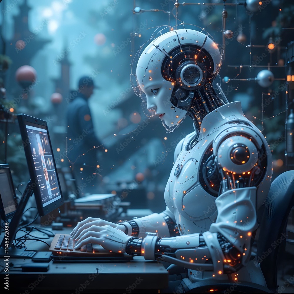 Fototapeta premium background technology ai in the modern era that helps human work ranging from simple to complex with a fantasy background 