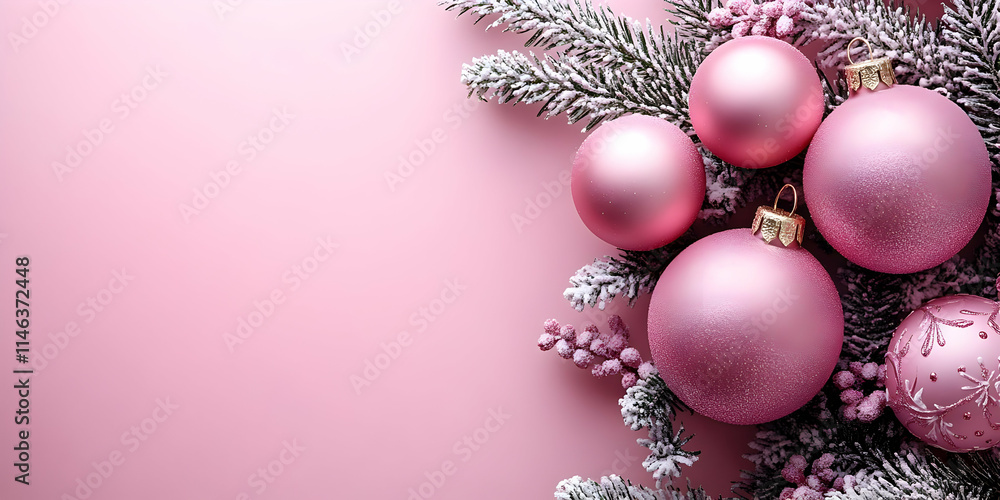 Pink Christmas Ornaments on Snowy Branches Pink Christmas Ornaments on Snowy Branches