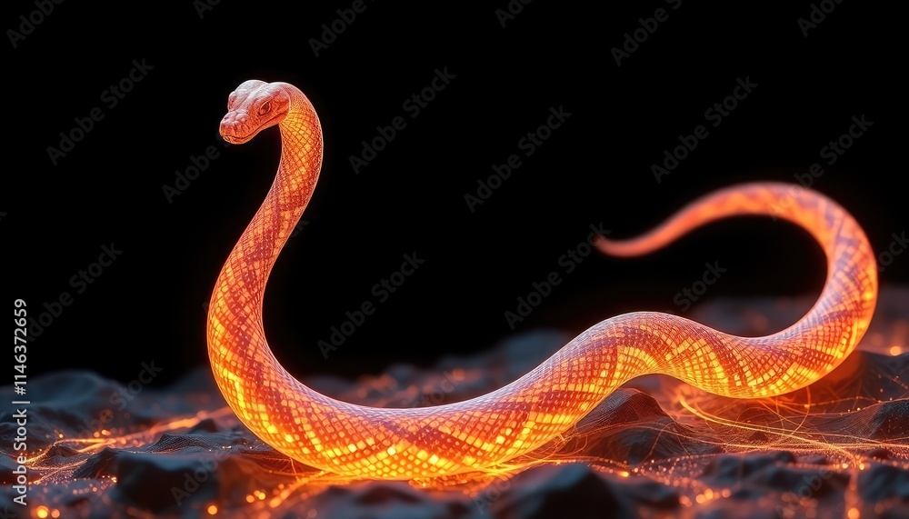 Obraz premium 4K HD Wallpapers Abstract Glowing Snake With Fractal Skin, Slithering Across A Dark Glowing Terrain. Desktop Wallpaper HD. HD Backgrounds