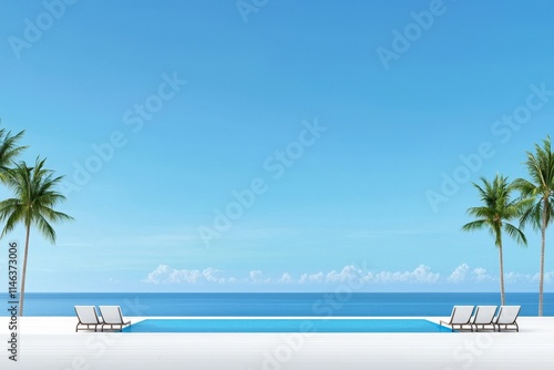 A calm setting at a beachfront hotel, where a palm tree stands by an infinite pool.