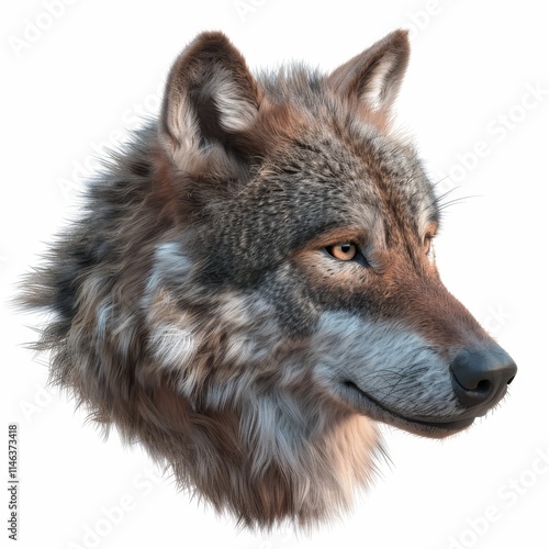 Close-up portrait of a wolf's head with brown and grey fur, looking to the right with intense eyes and a black nose. photo