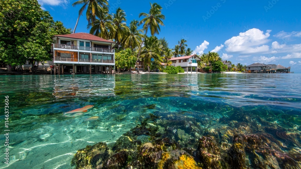 Obraz premium Seaside resort with overwater bungalows, a stunning turquoise lagoon, and lush palm trees.