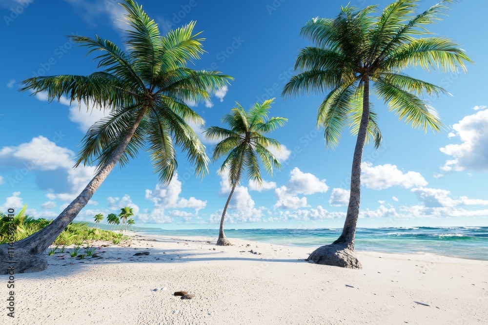 A tranquil beach featuring golden sand and palm trees. A tranquil beach featuring golden sand and palm trees.