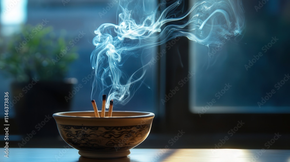 Dark tendrils of smoke slowly rising from a mosquito repellent incense, each twist Dark tendrils of smoke slowly rising from a mosquito repellent incense, each twist