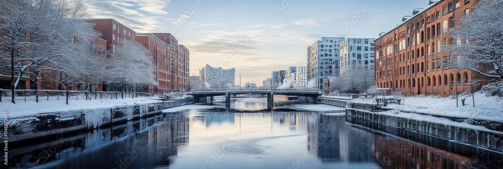 Naklejka premium Scenic winter canal view with snow-covered trees and buildings reflecting in calm water under a clear sky.