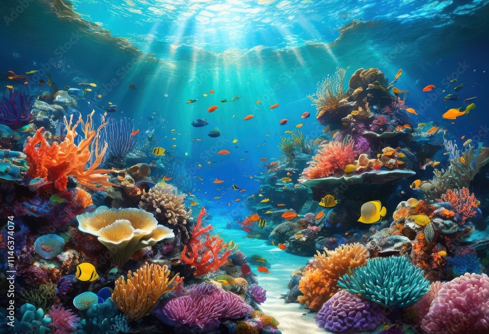Naklejka premium vibrant underwater coral ecosystems displaying explosion colorful marine life rich biodiverse environment, reef, biodiversity, ocean, fish, algae, tropical