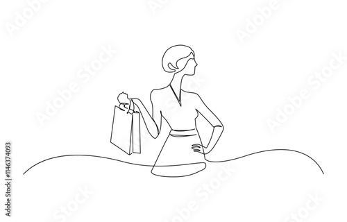 Continuous one single line drawing Woman with shopping bag, Continuous one line drawing of young woman Carrying shopping bag. Happy shopping and sale concept.