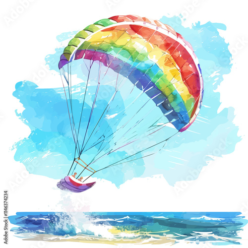 A watercolor drawing of a colorful parasail over the ocean, isolated on a white background. Parasail vector.
