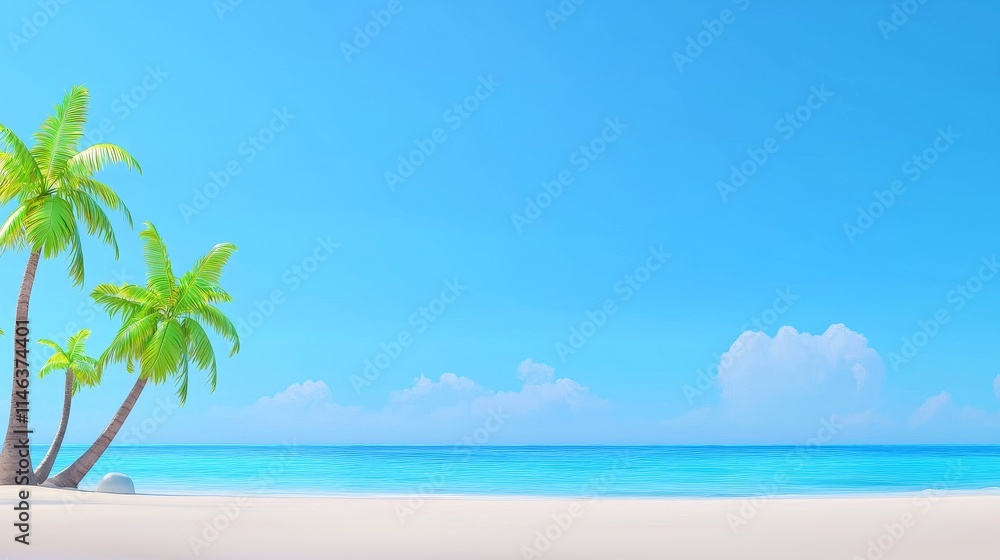 Obraz premium A sunny beach with swaying palm trees and turquoise waves.