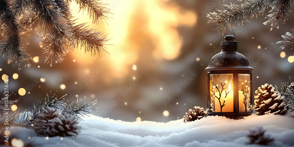 Winter Lantern Glow in Snowy Forest at Sunset Winter Lantern Glow in Snowy Forest at Sunset