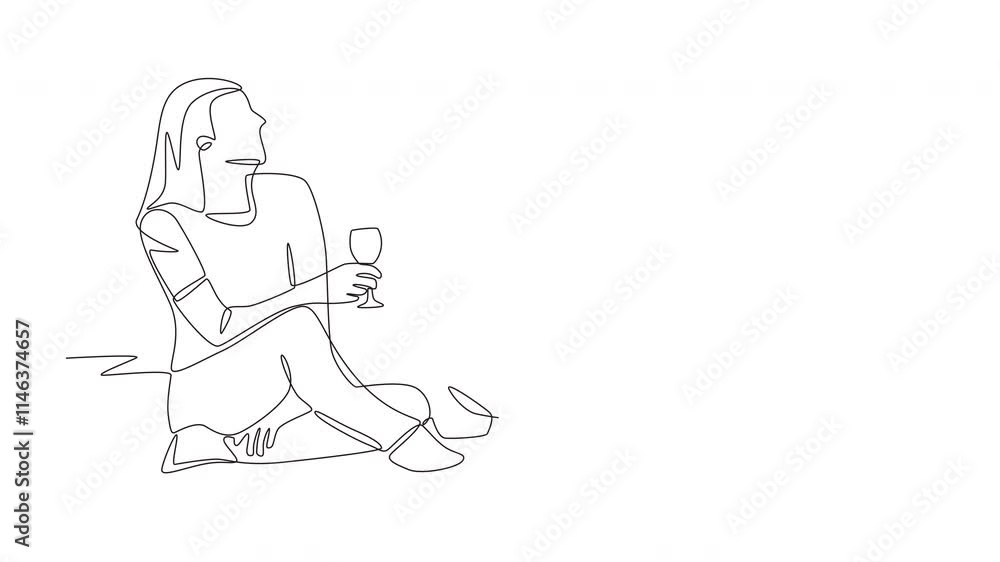 Animated a couple having fun on a picnic. Picnicking outdoors concept one-line drawing Animated a couple having fun on a picnic. Picnicking outdoors concept one-line drawing