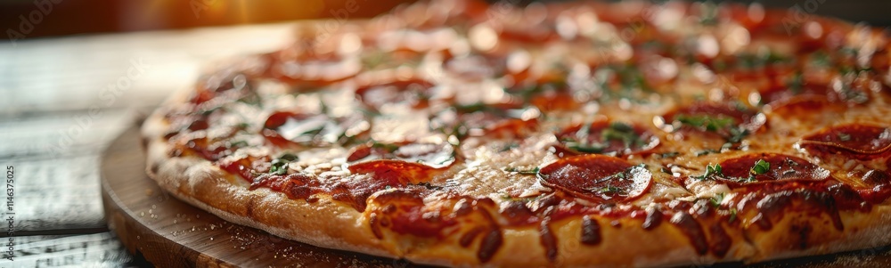 Pizza on a wooden board with pepperoni and cheese on it, food background, banner, copy space Pizza on a wooden board with pepperoni and cheese on it, food background, banner, copy space