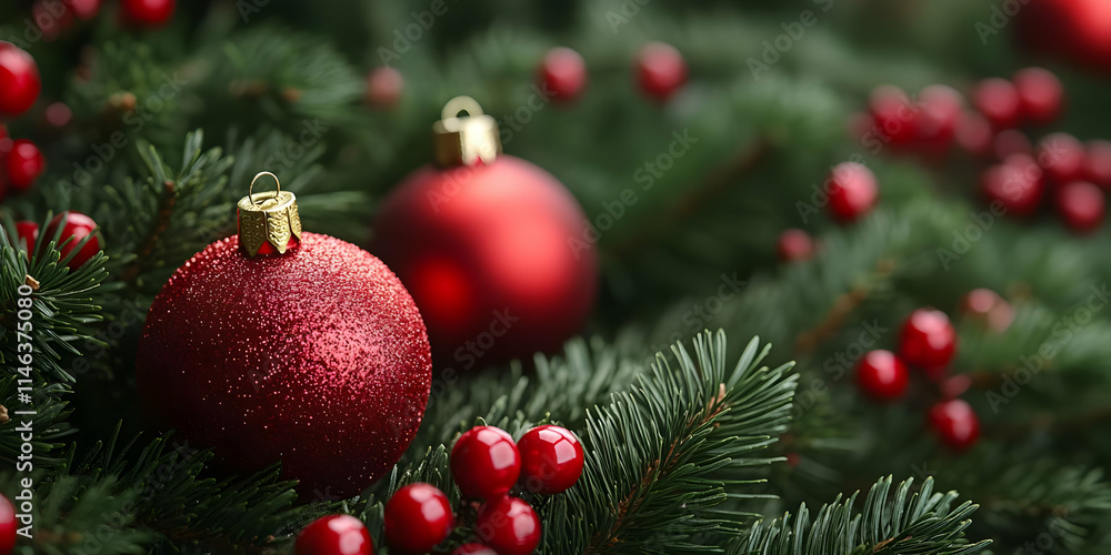 Fototapeta premium Red Ornaments Decorate Festive Fir Tree Branches