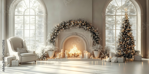 Elegant Winter Solstice Decor: Fireplace, Tree, and Gifts photo