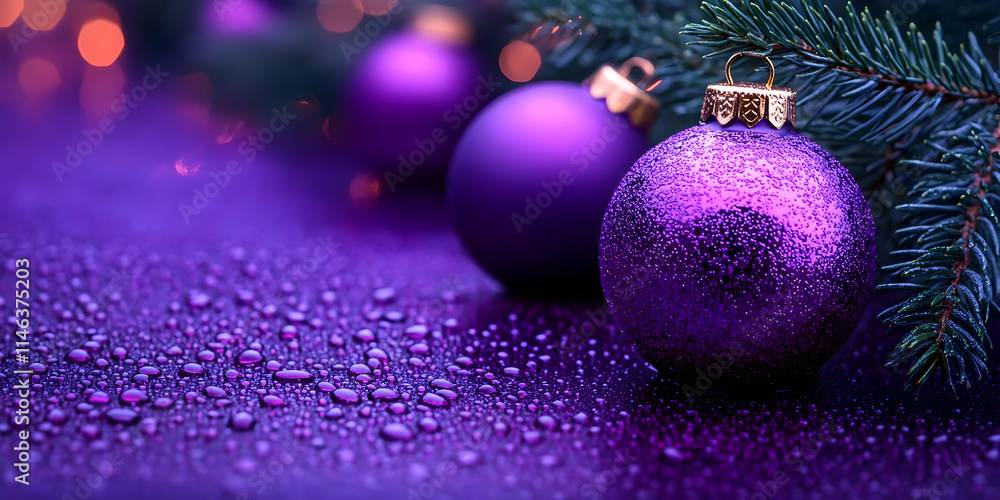 Fototapeta premium Purple Christmas Ornaments Sparkle Brightly on a Festive, Wet Surface