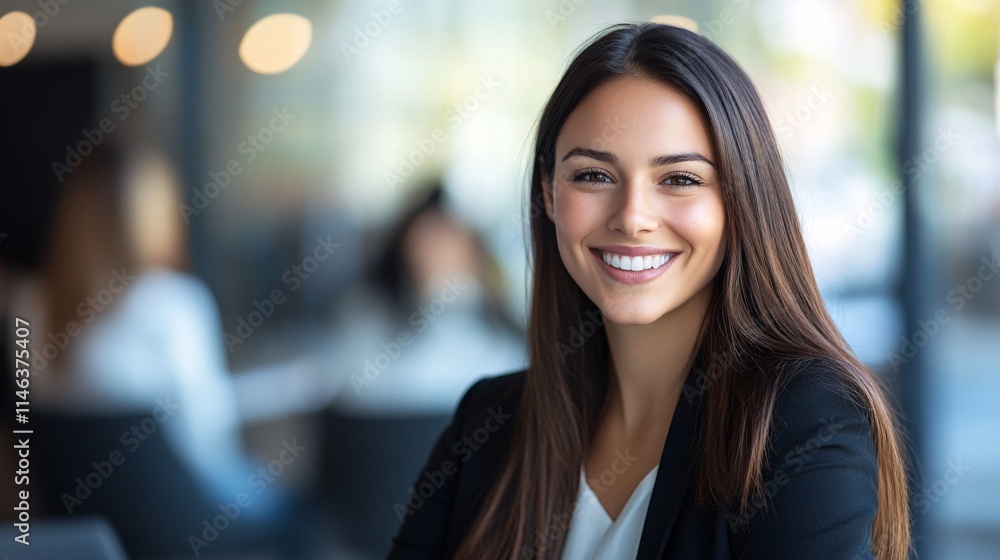 Obraz premium Smiling businesswoman posing in modern office: successful female executive in corporate environment