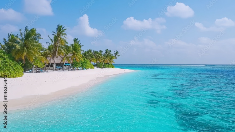 Fototapeta premium An isolated beach with vibrant turquoise waters, powdery white sand, and palm trees swaying in the breeze, providing a serene summer haven, with untouched nature and space for copy.