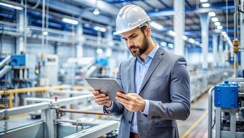 A man using a tablet to monitor the production process in a high-tech factory
