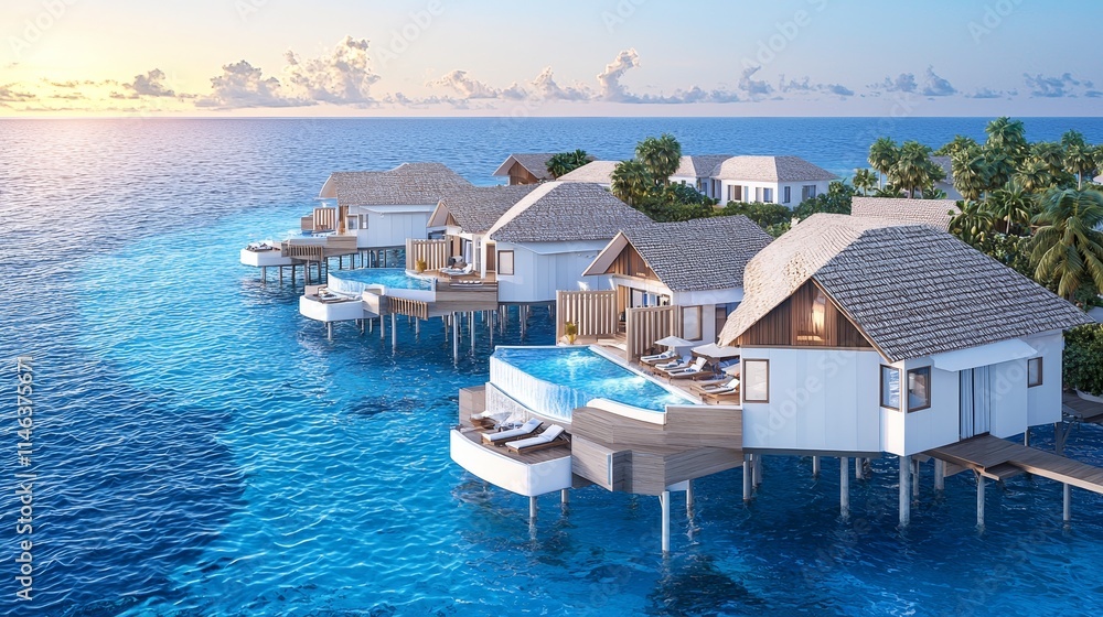 Fototapeta premium The overwater bungalows, perfectly positioned above calm waters, are illuminated by the warm sunset glow, creating a tranquil and picturesque tropical paradise.