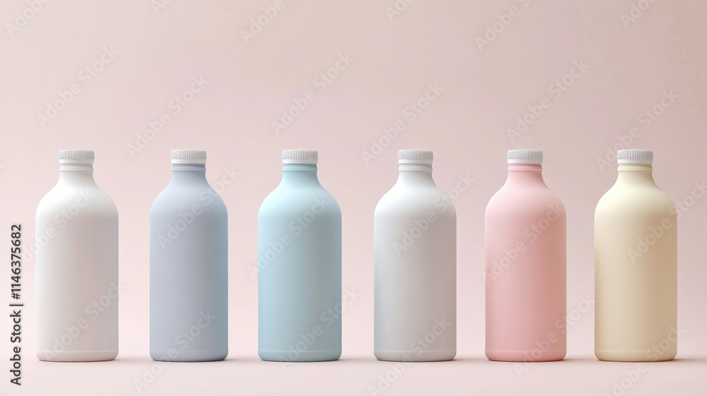 Multiple Drink Containers, Soft Pastel Tones, Studio Mockup Display. Multiple Drink Containers, Soft Pastel Tones, Studio Mockup Display.