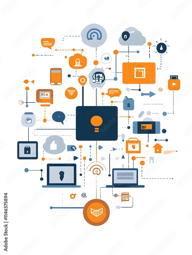 Illustration of interconnected technology and data symbols representing digital communication. Illustration of interconnected technology and data symbols representing digital communication.