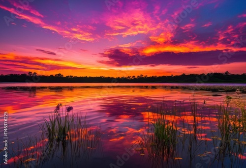 vibrant sunset reflections calm water surface capturing stunning color gradients natural beauty serene atmosphere, sky, evening, horizon, orange, pink