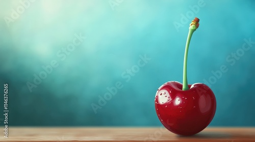 A single, vibrant red cherry with a long green stem is placed on a wooden surface against a blurred turquoise background, creating a striking contrast and highlighting the cherry's freshness.